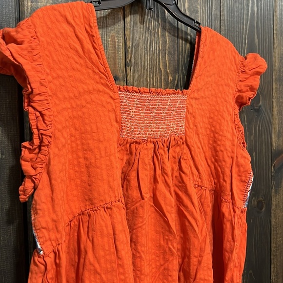 Anthropologie THML Embroidered Ruffle Top L Orange Smocked Aztec Geometric Boho - Picture 6 of 9